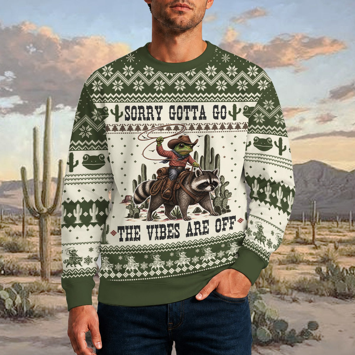 Second lifestyle view featuring the green western meme ugly sweater