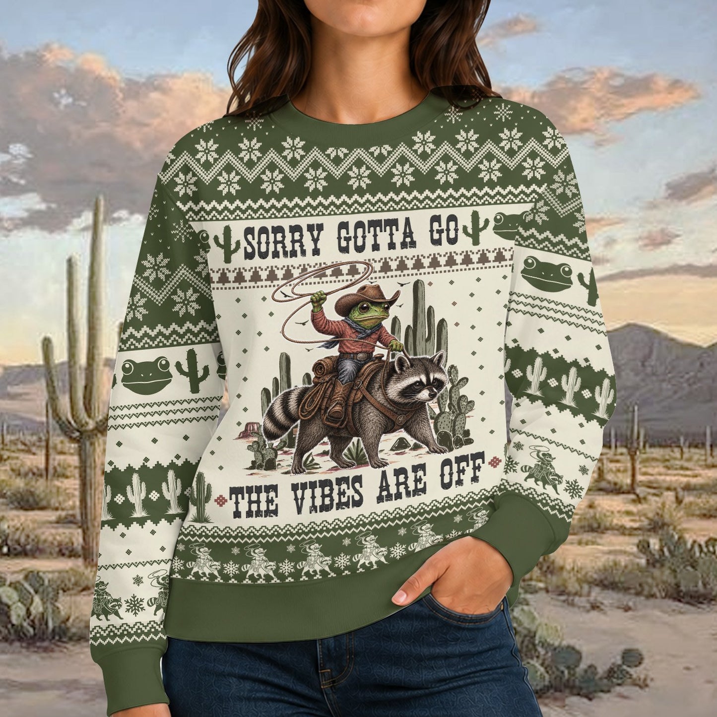 Lifestyle shot of an adult wearing the western meme ugly christmas sweater