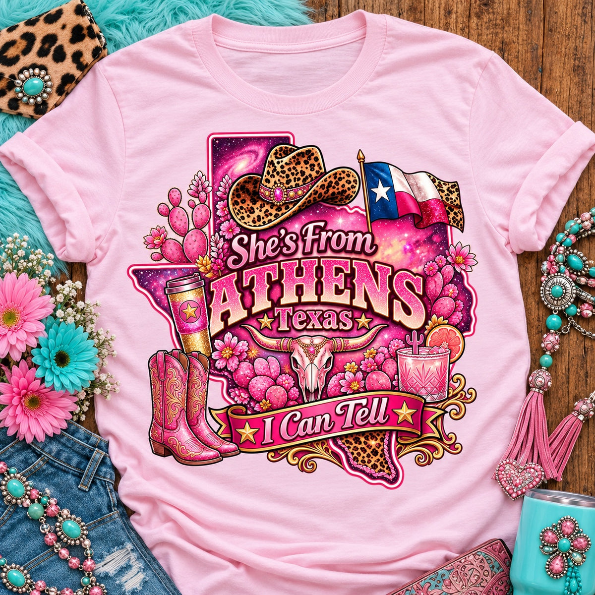 She's From Athens Texas I Can Tell pink cowgirl t-shirt, galaxy Texas, leopard hat, boots and longhorn design on a Blossom Comfort Colors 1717 tee