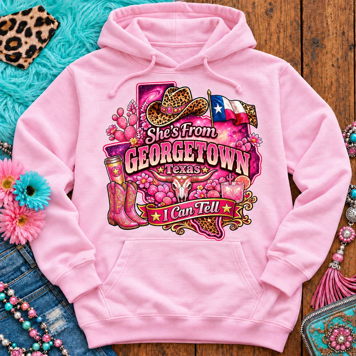 She's From Georgetown Texas I Can Tell pink cowgirl hoodie, galaxy Texas, leopard hat, boots and longhorn design on Light Pink