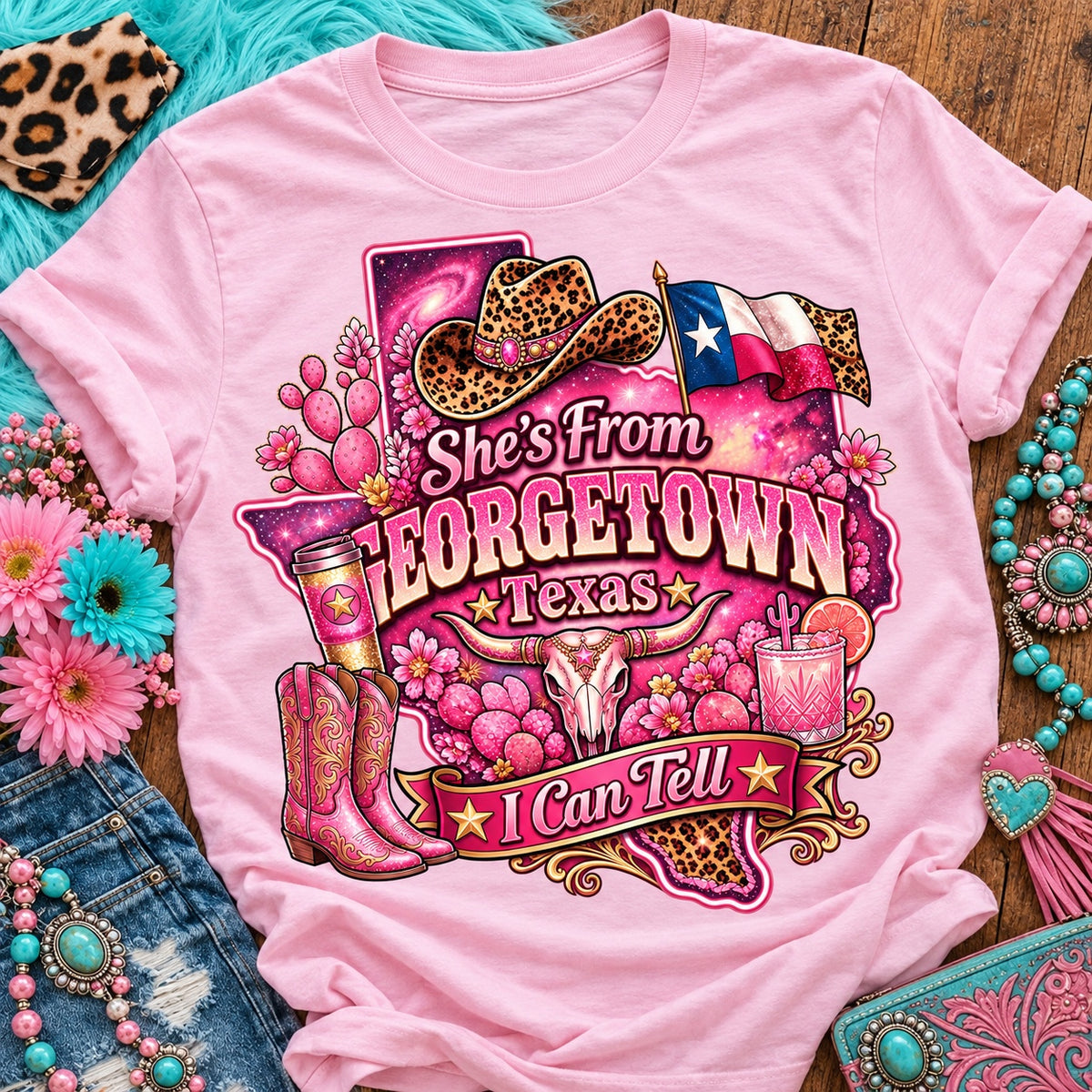 She's From Georgetown Texas I Can Tell pink cowgirl t-shirt, galaxy Texas, leopard hat, boots and longhorn design on a Blossom Comfort Colors 1717 tee