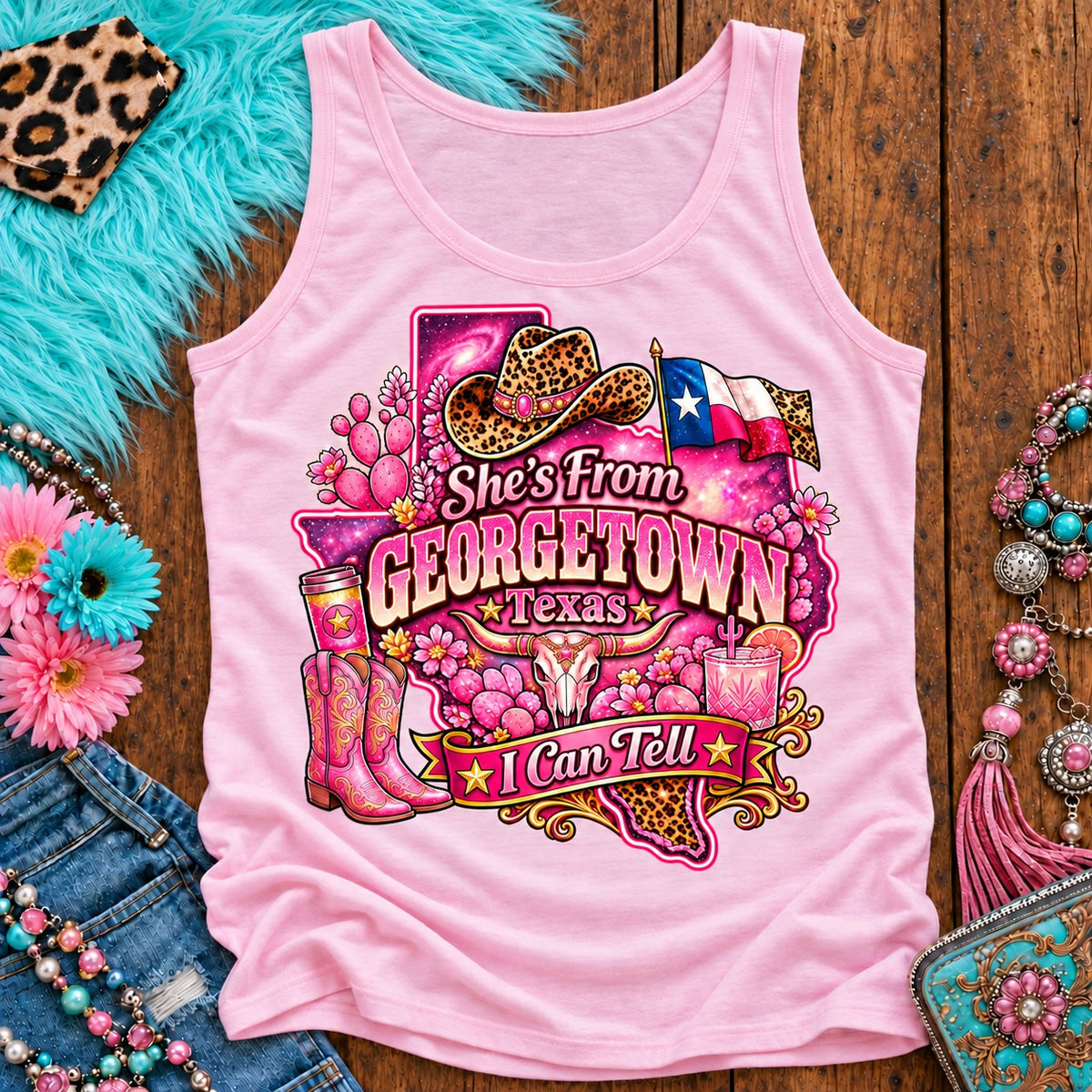 She's From Georgetown Texas I Can Tell pink cowgirl tank top, galaxy Texas, leopard hat, boots and longhorn design on Light Pink