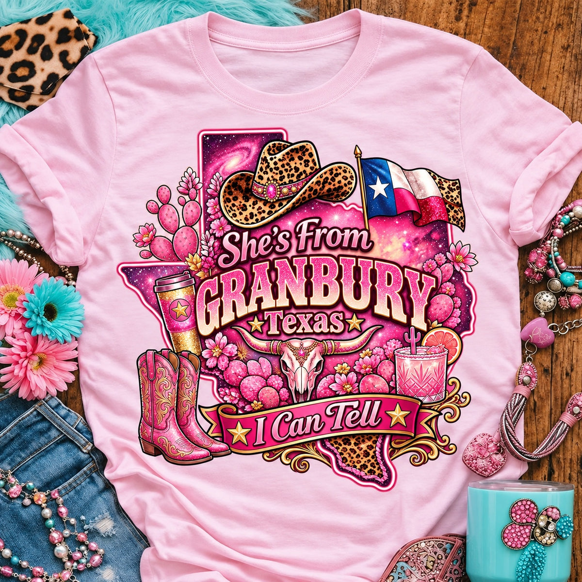 She's From Granbury Texas I Can Tell pink cowgirl t-shirt, galaxy Texas, leopard hat, boots and longhorn design on a Blossom Comfort Colors 1717 tee