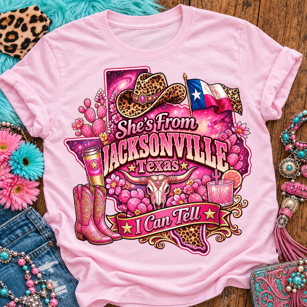 She's From Jacksonville Texas I Can Tell pink cowgirl t-shirt, galaxy Texas, leopard hat, boots and longhorn design on a Blossom Comfort Colors 1717 tee