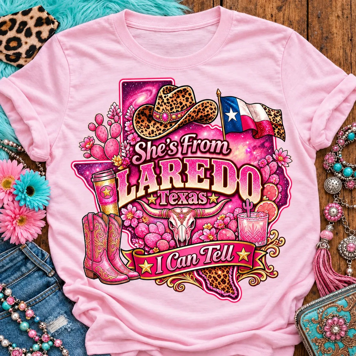 She's From Laredo Texas I Can Tell pink cowgirl t-shirt, galaxy Texas, leopard hat, boots and longhorn design on Light Pink
