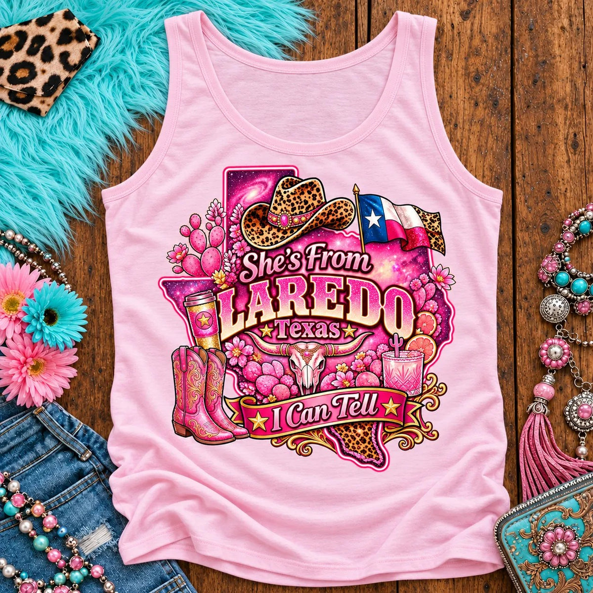 She's From Laredo Texas I Can Tell pink cowgirl tank top, galaxy Texas, leopard hat, boots and longhorn design on Light Pink