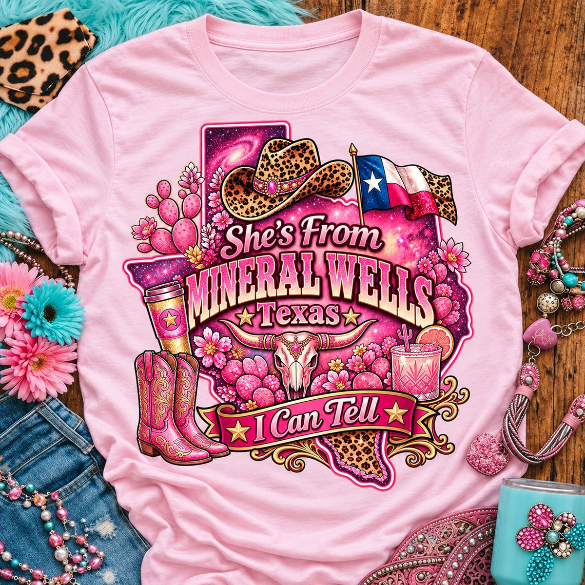 She's From Mineral Wells Texas I Can Tell pink cowgirl t-shirt, galaxy Texas, leopard hat, boots and longhorn design on a Blossom Comfort Colors 1717 tee