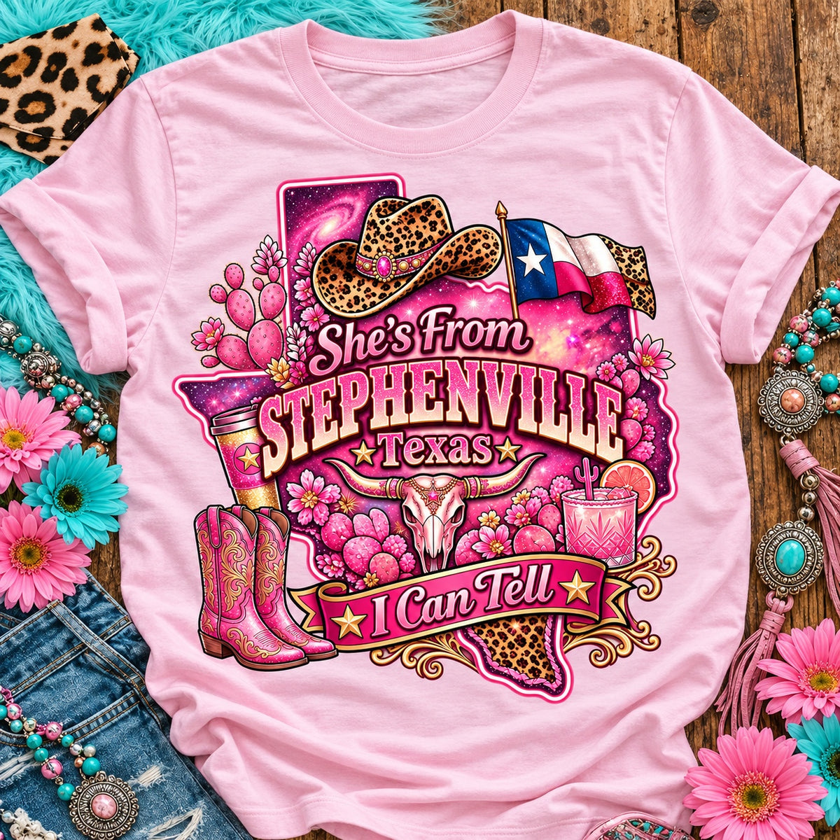 She's From Stephenville Texas I Can Tell pink cowgirl t-shirt, galaxy Texas, leopard hat, boots and longhorn design on a Blossom Comfort Colors 1717 tee