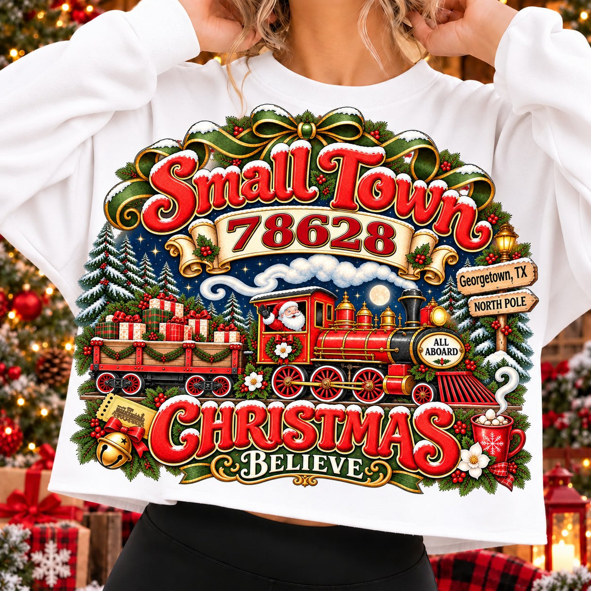 Small Town 78628 Christmas Believe sweatshirt on White, Santa steam train, gifts, snowy pines and Georgetown, TX signpost (georgetown-tx-78628)