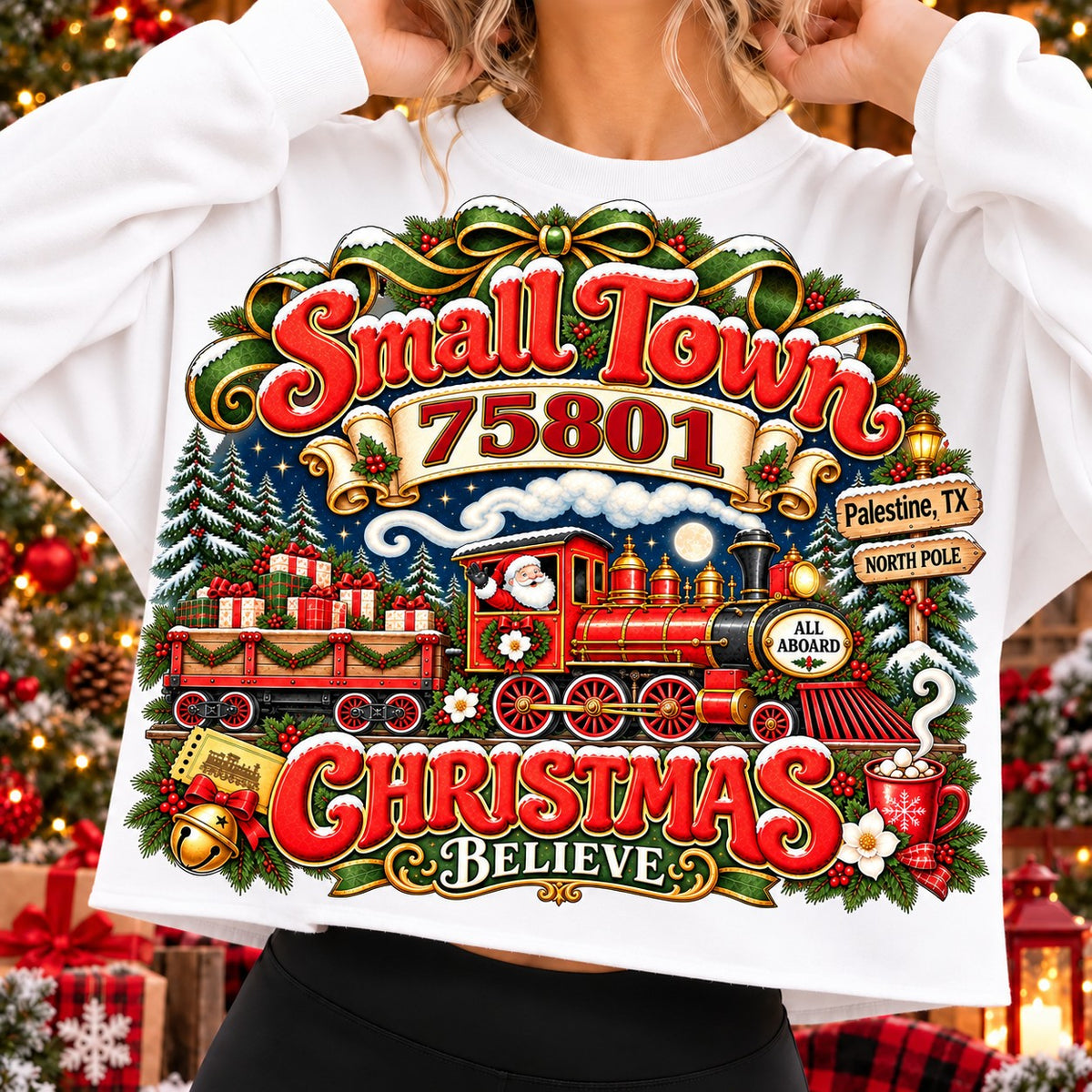 Small Town 75801 Christmas Believe sweatshirt on White, Santa steam train, gifts, snowy pines and Palestine, TX signpost (palestine-tx-75801)